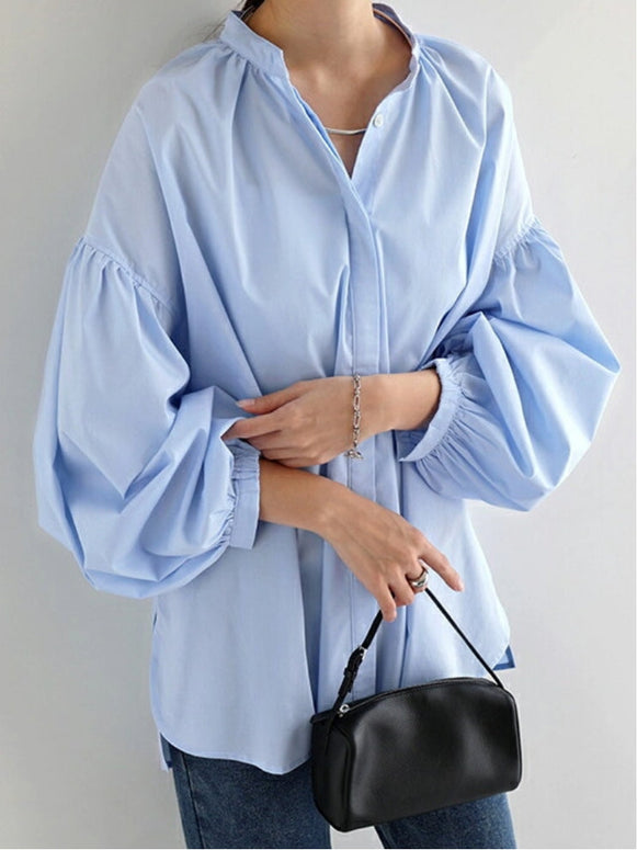 4色展開 スタンドカラー シャツ レディース 長袖 ブラウス ボリューム袖 シャツブラウス ゆったり 体型カバー カジュアル フェミニン 通勤 オフィス おしゃれ 韓国風 デートコーデ 学生 春秋 トップス シンプル 上品 きれいめ ID1674