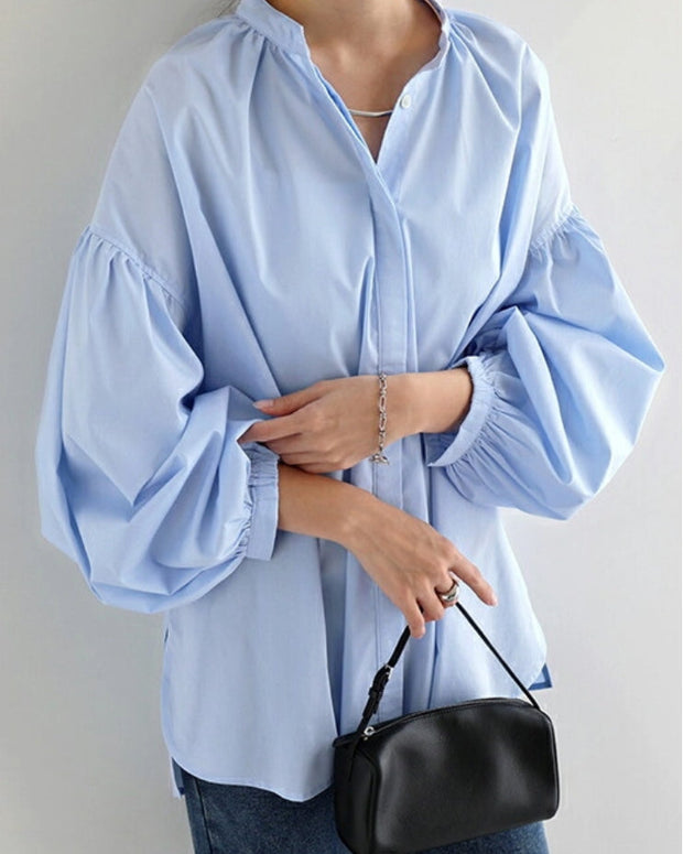 4色展開 スタンドカラー シャツ レディース 長袖 ブラウス ボリューム袖 シャツブラウス ゆったり 体型カバー カジュアル フェミニン 通勤 オフィス おしゃれ 韓国風 デートコーデ 学生 春秋 トップス シンプル 上品 きれいめ ID1674