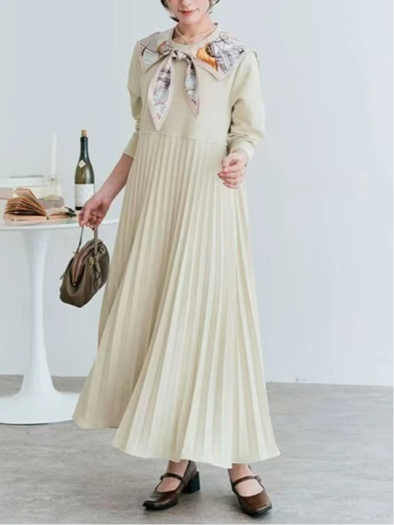 プリーツ ワンピース レディース 長袖 ロング丈 Aライン 体型カバー 上品 エレガント 通勤 フォーマル きれいめ 秋冬 新作 ID2126