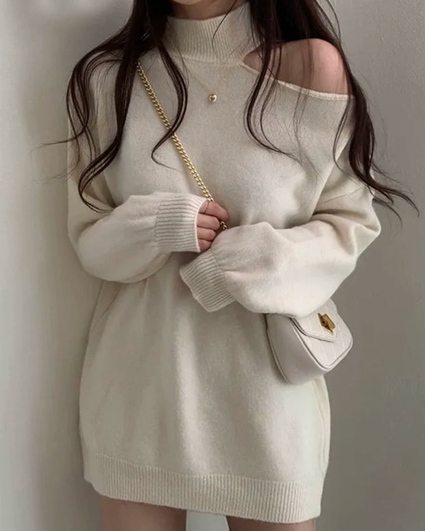 大人可愛い 片側オープンショルダー ニットワンピース ゆったり シンプル きれいめ 体型カバー レディース 秋冬 トップス ニット ID2272