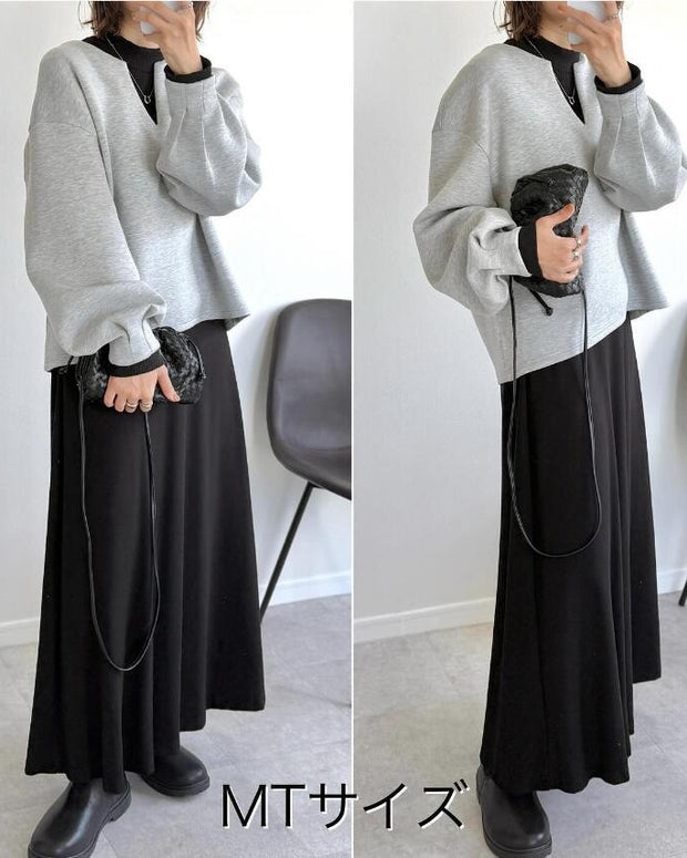 レディース トップス Vネック スウェット 無地 ランタンスリーブ 長袖 ゆったり 体型カバー カジュアル 秋冬 おしゃれ 定番 ID1788