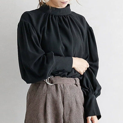 ID67 Short Length Loose Urban Elegant Chiffon Blouse Round Neck Office Shirt 