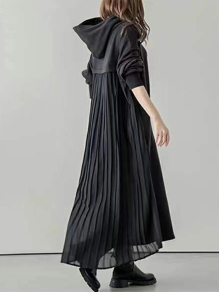 プリーツワンピース フード マキシワンピース シフォン フーディー 長袖 レディース おすすめ おしゃれ フリーサイズ 2025秋冬  ID1766