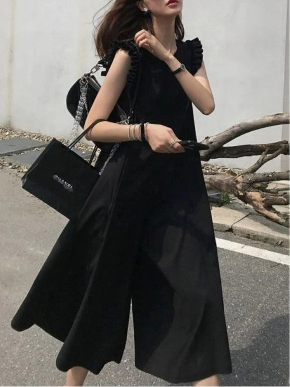 ID772 2色展開 フリルスリーブ オールインワン レディース 九分丈 ワイドパンツ ゆったり 着痩せ効果 夏用 カジュアル 大人可愛い