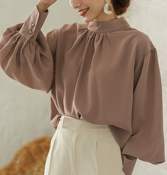 ID67 Short Length Loose Urban Elegant Chiffon Blouse Round Neck Office Shirt 