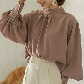 ID67 Short Length Loose Urban Elegant Chiffon Blouse Round Neck Office Shirt 