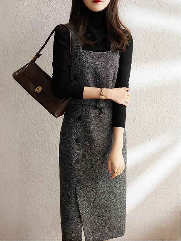 ジャンパースカート レディース 秋冬 ノースリーブ ワンピース ベルト付き スリット入り ミモレ丈 ウール風 重ね着風 レイヤードコーデ きれいめ 通勤 通学 オフィスカジュアル おしゃれ 上品 人気 ID1733