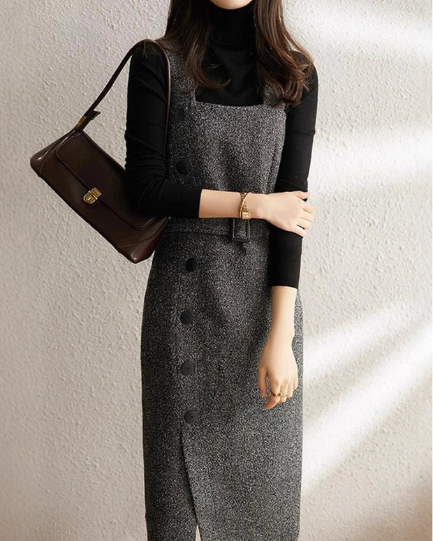 ジャンパースカート レディース 秋冬 ノースリーブ ワンピース ベルト付き スリット入り ミモレ丈 ウール風 重ね着風 レイヤードコーデ きれいめ 通勤 通学 オフィスカジュアル おしゃれ 上品 人気 ID1733