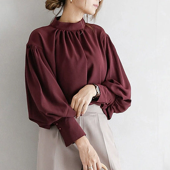 ID67 Short Length Loose Urban Elegant Chiffon Blouse Round Neck Office Shirt 