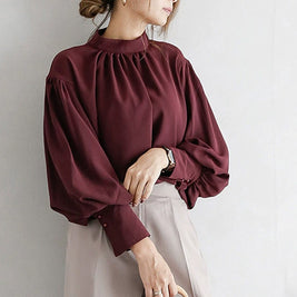 ID67 Short Length Loose Urban Elegant Chiffon Blouse Round Neck Office Shirt 