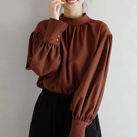 ID67 Short Length Loose Urban Elegant Chiffon Blouse Round Neck Office Shirt 