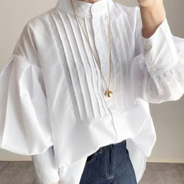 ID94 Shirt, Loose Fit, Stand Neck, Long Sleeve, Elegant, Simple, Fashionable, Tops 