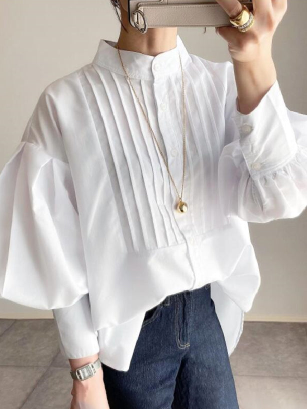 ID94 Shirt, Loose Fit, Stand Neck, Long Sleeve, Elegant, Simple, Fashionable, Tops 