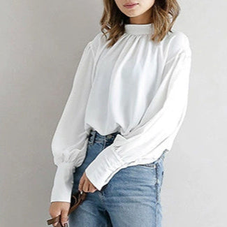 ID67 Short Length Loose Urban Elegant Chiffon Blouse Round Neck Office Shirt 