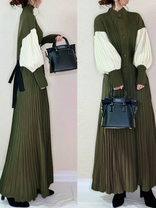 ID112 One-piece dress, balloon sleeves, pleated skirt, single button, waist belt, long length, stylish, elegant, feminine, figure-covering, daily outfit 