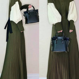 ID112 One-piece dress, balloon sleeves, pleated skirt, single button, waist belt, long length, stylish, elegant, feminine, figure-covering, daily outfit 