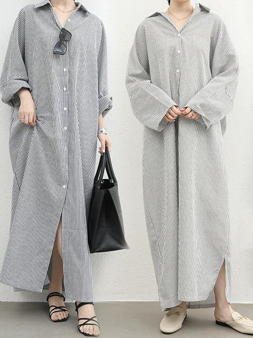 ID113 One-piece dress, striped pattern, shirt dress, loose fit, long sleeves, turn-down collar, casual, feminine, daily outfit, figure-covering, stylish 