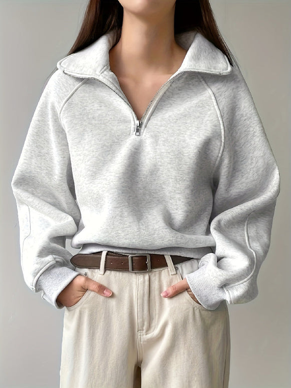 ハーフジップ スウェット レディース グレー トップス ラグランスリーブ 襟付き ゆったり カジュアル シンプル 体型カバー 秋冬 新作 ID1646