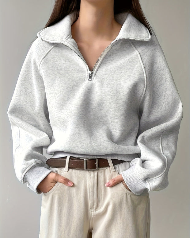 ハーフジップ スウェット レディース グレー トップス ラグランスリーブ 襟付き ゆったり カジュアル シンプル 体型カバー 秋冬 新作 ID1646