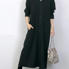 ID93 One-piece dress, plain, loose, relaxed, V-neck, long sleeves, ankle-length, long, draped, simple, casual, elegant, fashionable 