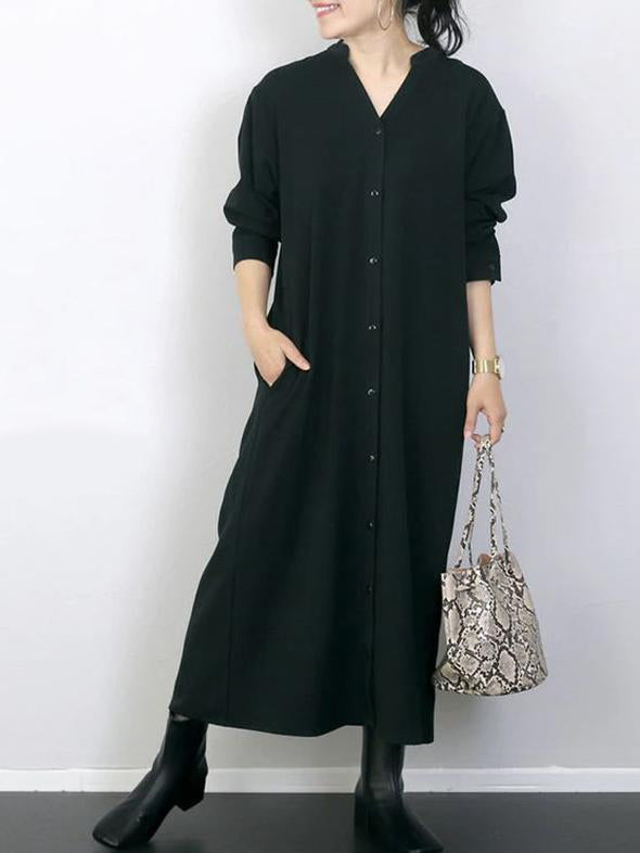 ID93 One-piece dress, plain, loose, relaxed, V-neck, long sleeves, ankle-length, long, draped, simple, casual, elegant, fashionable 