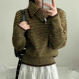 ボーダー タートルネック ニット レディース ゆったり ルーズフィット 長袖 暖かい 柔らかい 体型カバー レトロ カジュアル 秋冬 新作 ID2124