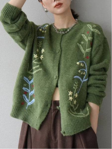 刺繍 カーディガン レディース ニット 羽織り ゆったり シンプル かわいい 花柄 デザイン 体型カバー おしゃれ カジュアル 秋冬 新作 ID1981