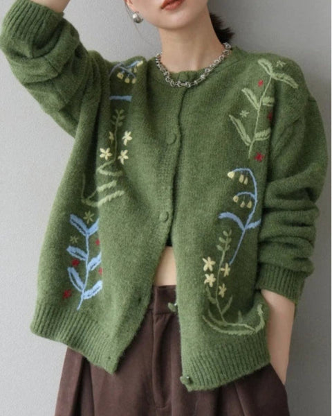 刺繍 カーディガン レディース ニット 羽織り ゆったり シンプル かわいい 花柄 デザイン 体型カバー おしゃれ カジュアル 秋冬 新作 ID1981