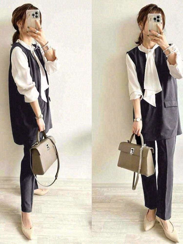 「72H限定！半額以下！」3色展開 パンツセット 2点SET 入学式 入園式 卒業式 卒園式 七五三 結婚式 コンサバ 無地 トップス＋ハイウエストパンツ ID210