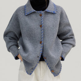 配色ステッチ カーディガン レディース 翻襟 ニットカーディガン ゆったり 長袖 シンプル おしゃれ カジュアル トップス 秋冬 新作 ID2062