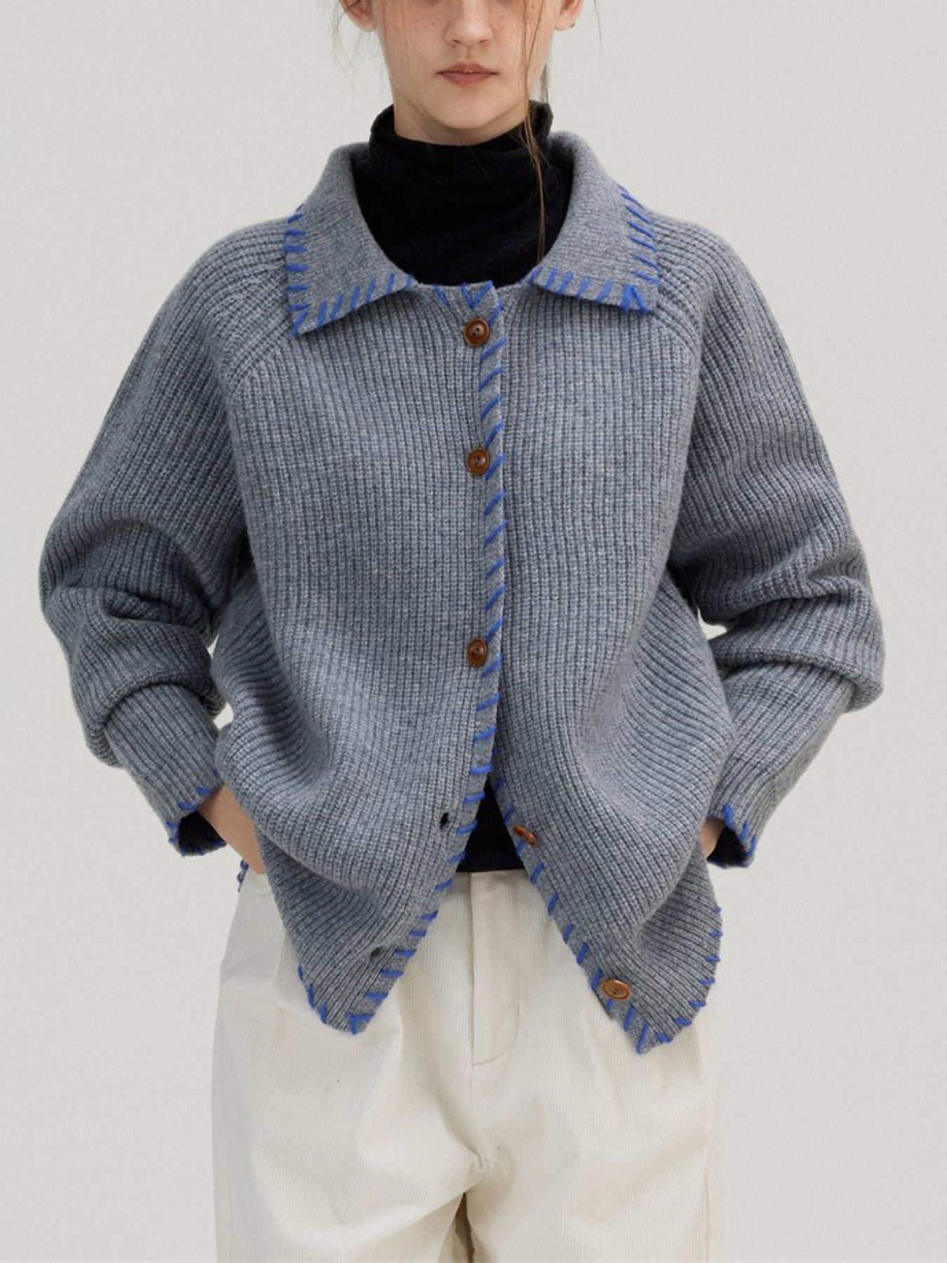 配色ステッチ カーディガン レディース 翻襟 ニットカーディガン ゆったり 長袖 シンプル おしゃれ カジュアル トップス 秋冬 新作 ID2062