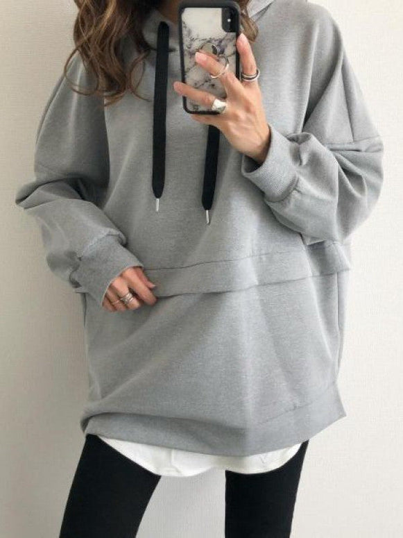 パーカー レディース 長袖 フード付き スウェット ゆったり 無地 グレー 体型カバー カジュアル トップス シンプル 重ね着風 おしゃれ 秋冬新作 ID1752