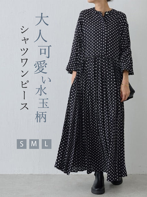 「半額クーポン対象」ドット ギャザー ボリューム袖 ワンピース レディース 40代 50代 かわいい Aライン 大きいサイズ ギャザー ID1538