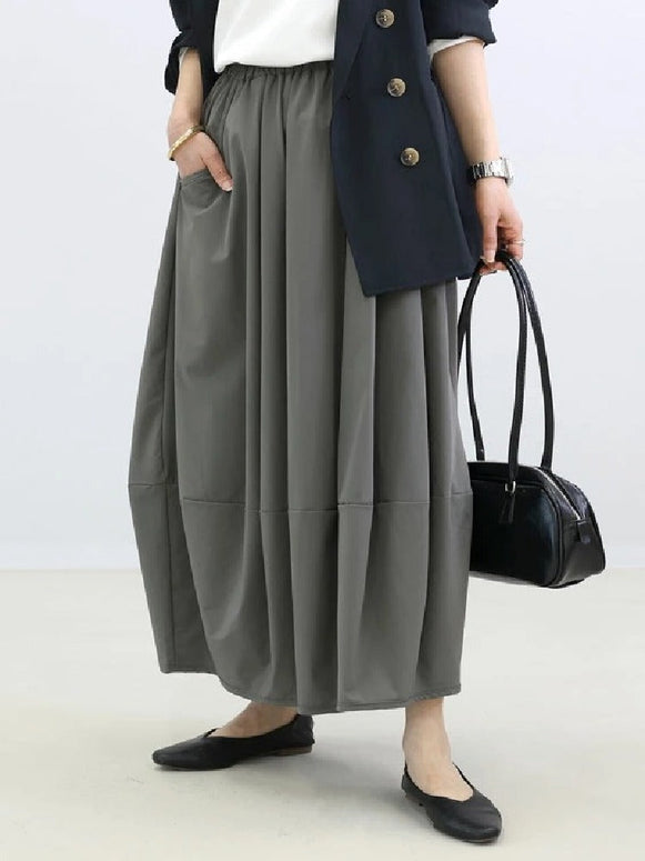 ウエストゴム バルーンスカート 花苞シルエット フレアスカート レディース 春 夏 秋 体型カバー ミモレ丈 ロングスカート 通勤 カジュアル 大人可愛い ID1289