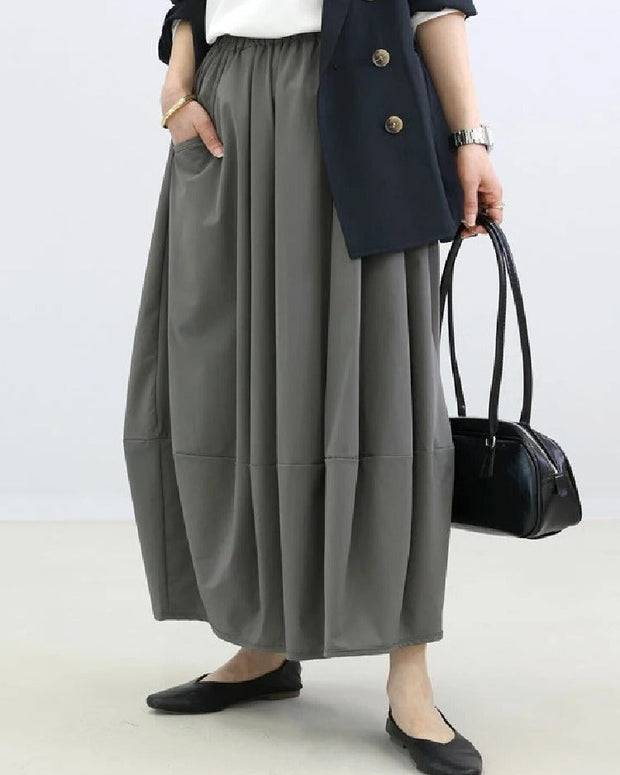 ウエストゴム バルーンスカート 花苞シルエット フレアスカート レディース 春 夏 秋 体型カバー ミモレ丈 ロングスカート 通勤 カジュアル 大人可愛い ID1289