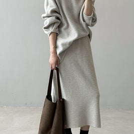 「限定価格は今だけ！」2点セット クルーネック ニット + ミモレ丈 スカート レディース セットアップ シンプル 上品 通勤 体型カバー 秋冬 新作 ID2088