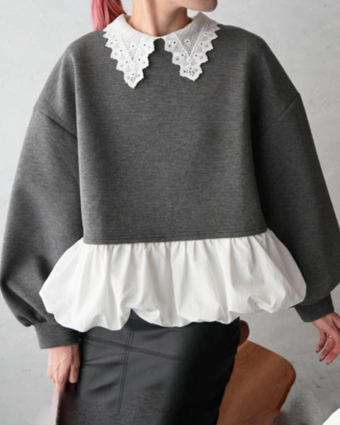 レース襟 ペプラム トップス レディース 長袖 スウェット風 デザインブラウス 体型カバー フェミニン 可愛い ラウンドネック ゆったり シルエット 秋冬 新作 ID2014