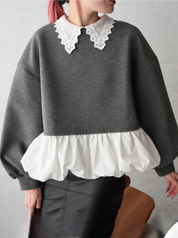 レース襟 ペプラム トップス レディース 長袖 スウェット風 デザインブラウス 体型カバー フェミニン 可愛い ラウンドネック ゆったり シルエット 秋冬 新作 ID2014