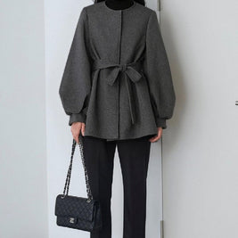 中綿コート ウールコート レディース ベルト付き 丸首 長袖 フレアシルエット 通勤 オフィス 上品 きれいめ 体型カバー 秋冬 新作 ID2078