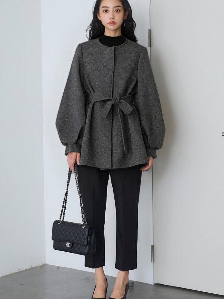 中綿コート ウールコート レディース ベルト付き 丸首 長袖 フレアシルエット 通勤 オフィス 上品 きれいめ 体型カバー 秋冬 新作 ID2078