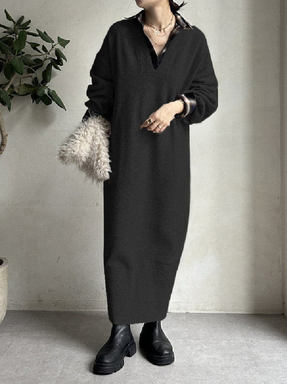 Vネック ニットワンピース レディース 長袖 ロング丈 体型カバー ゆったり シンプル 上品 通勤 通学 カジュアル 秋冬新作 大人ファッション ID1829