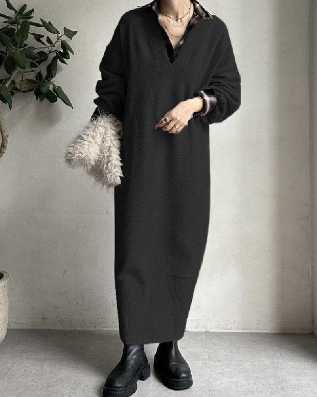 Vネック ニットワンピース レディース 長袖 ロング丈 体型カバー ゆったり シンプル 上品 通勤 通学 カジュアル 秋冬新作 大人ファッション ID1829