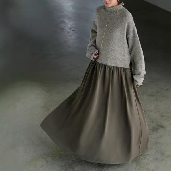 異素材切り替え ニット ワンピース レディース 長袖 ロング丈 ハイネック ゆったり シンプル きれいめ 体型カバー 上品 大人可愛い 秋冬 新作 通勤 通学 デイリー コーデ ID1892