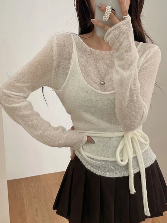 ウエストリボン ニット レディース スリム見え シアー やわらか きれいめ トップス レイヤード風 おしゃれ 可愛い ID2186