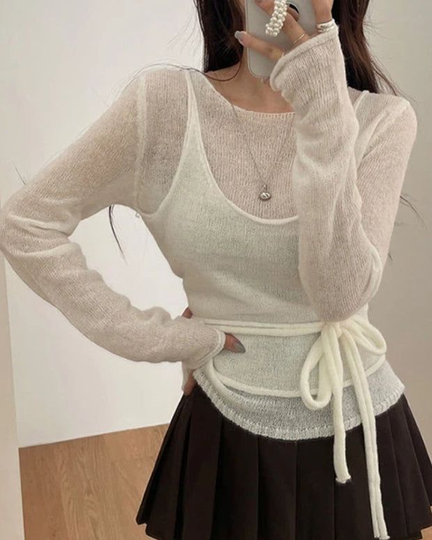 ウエストリボン ニット レディース スリム見え シアー やわらか きれいめ トップス レイヤード風 おしゃれ 可愛い ID2186