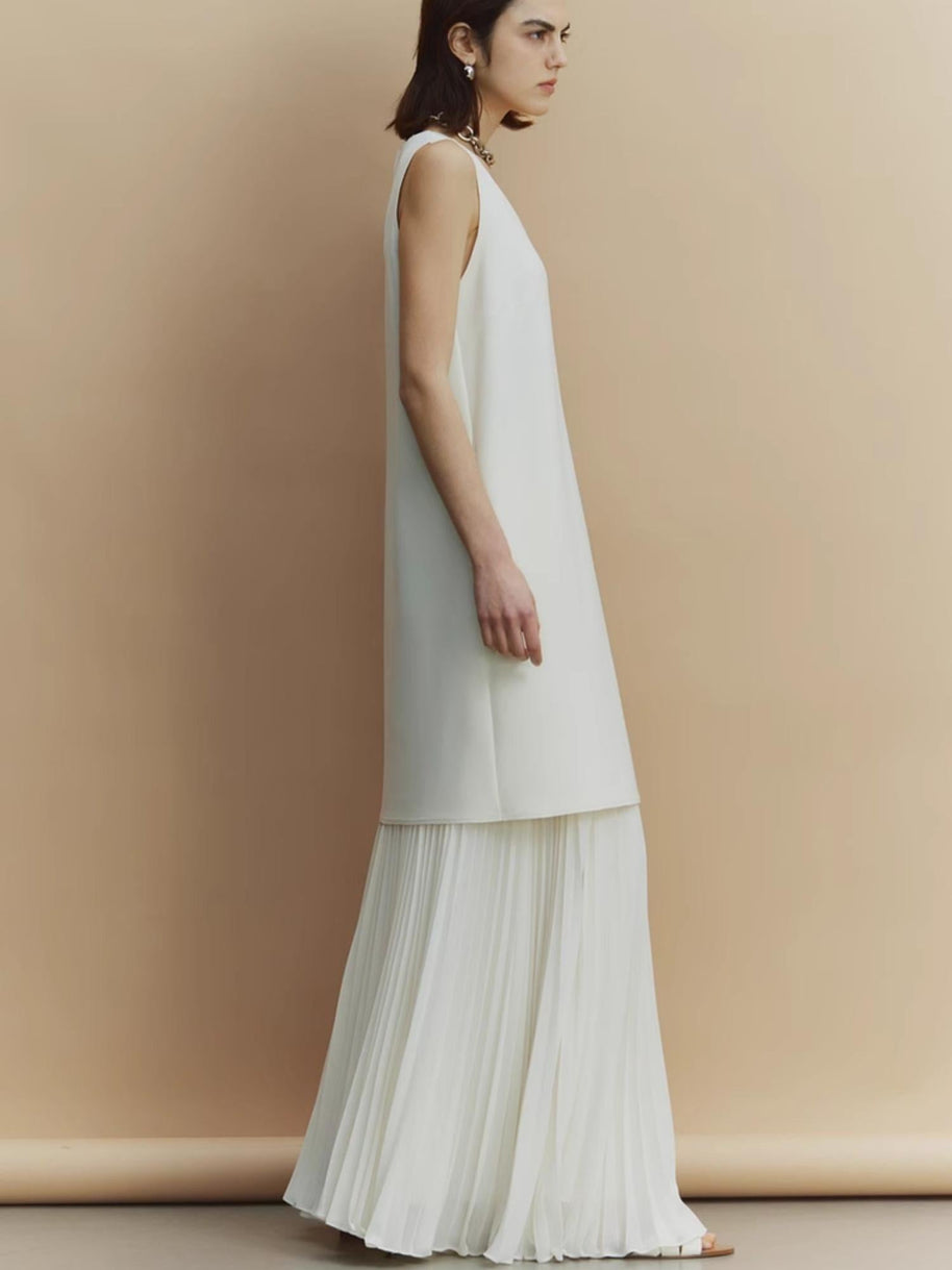 【561】シフォンプリーツロングスカート 夏新作 軽やかロング丈 上品きれいめ オフィス/お出かけ/デート 半身スカート 大人エレガント ホワイト