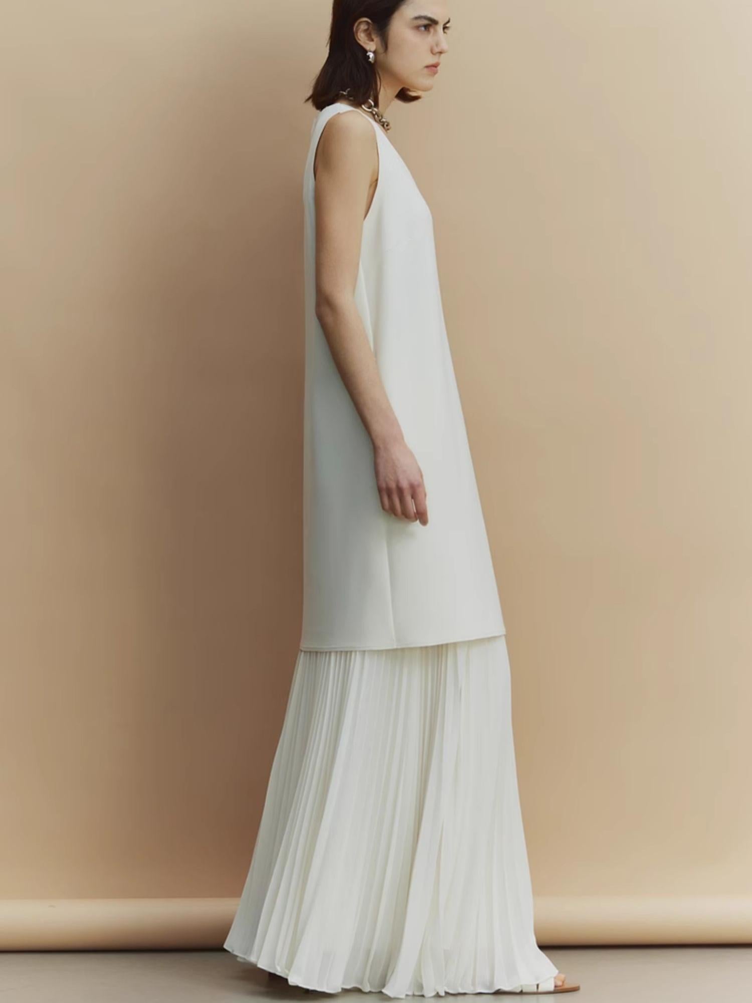 【561】シフォンプリーツロングスカート 夏新作 軽やかロング丈 上品きれいめ オフィス/お出かけ/デート 半身スカート 大人エレガント ホワイト