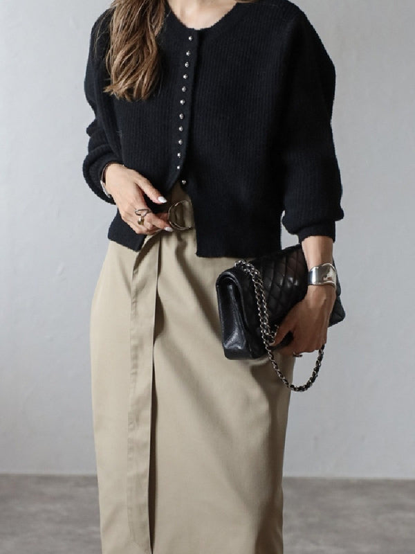 「今年最後の大チャンス」パールボタン ニットカーディガン レディース 長袖 ショート丈 ふんわり 上品 フェミニン キレイめ 通勤 デイリー ID2244