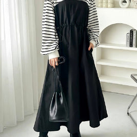 「半額セール」異素材切替 ワンピース レディース 長袖 ボーダー柄 ウエスト絞り ロング丈 ゆったり 体型カバー カジュアル おしゃれ 大人可愛い モードスタイル 秋冬新作 ID1832