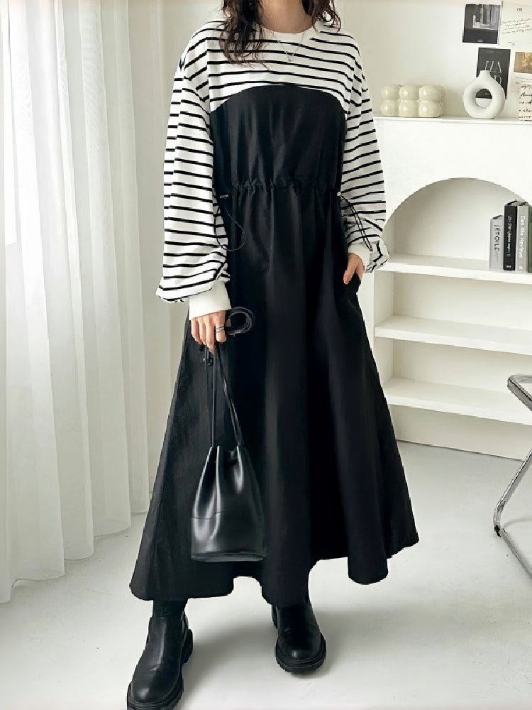 異素材切替 ワンピース レディース 長袖 ボーダー柄 ウエスト絞り ロング丈 ゆったり 体型カバー カジュアル おしゃれ 大人可愛い モードスタイル 秋冬新作 ID1832